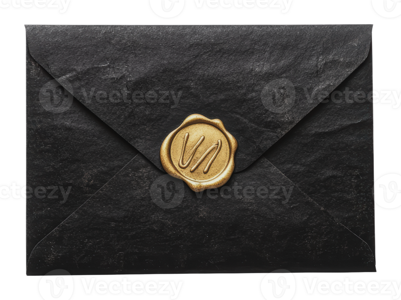 Elegant black envelope with wax seal on surface png