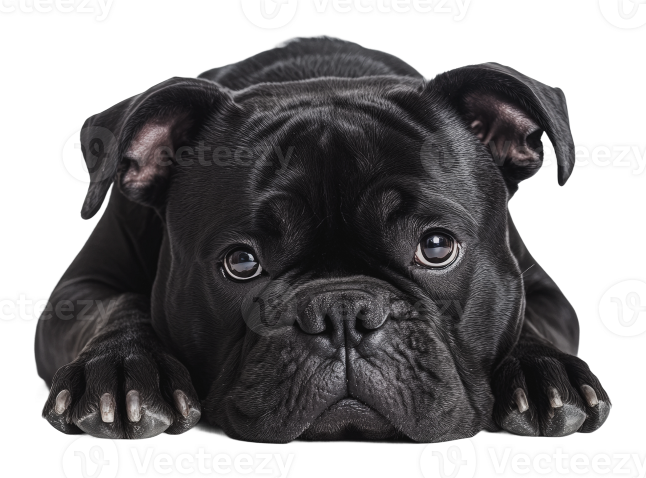 Black dog lying on floor with curious expression png