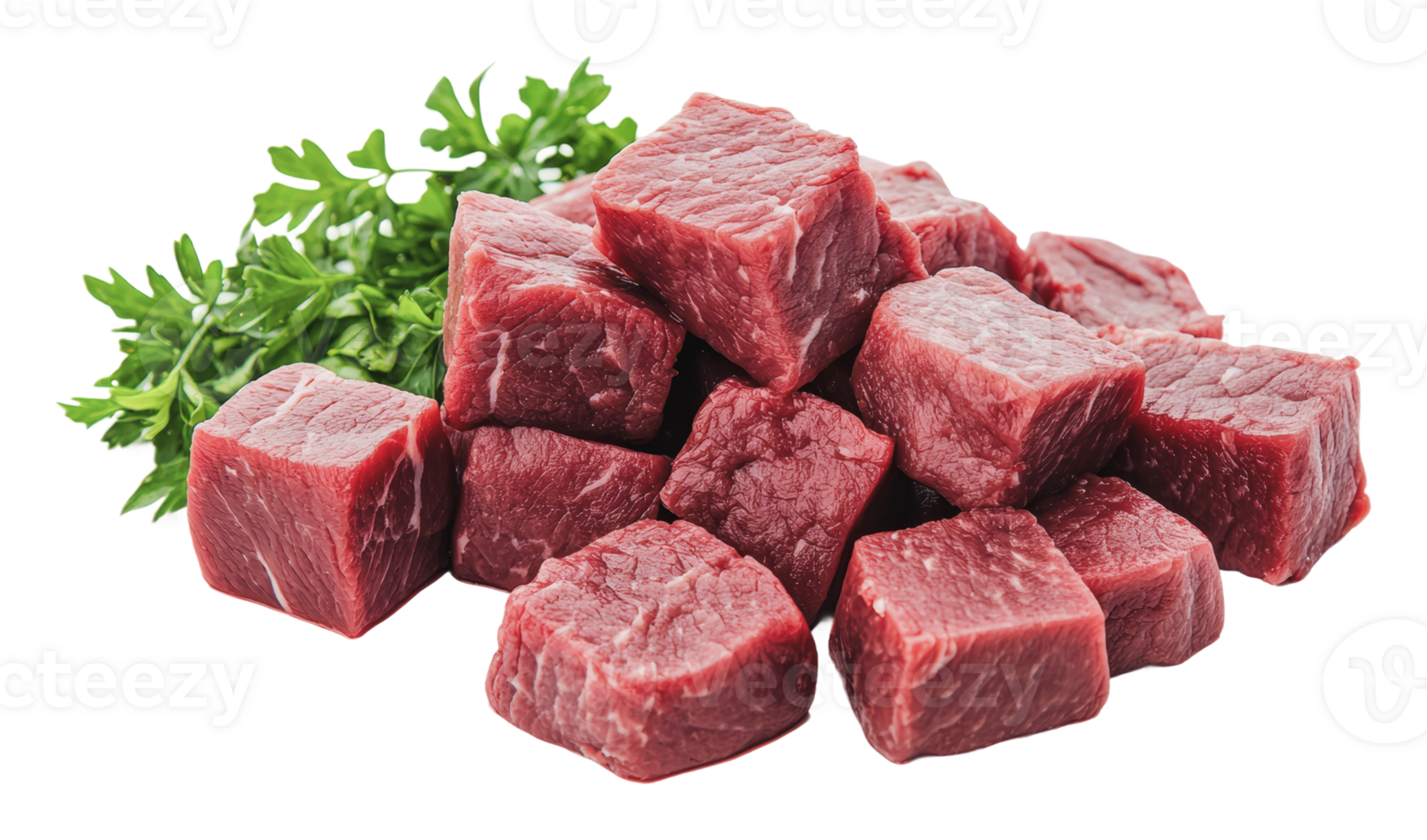 Freshly cut beef cubes with parsley garnish png