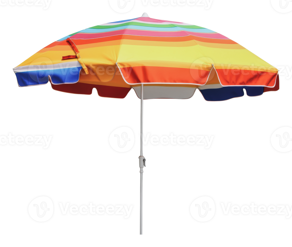 Vibrant beach umbrella stands against a clear sky png