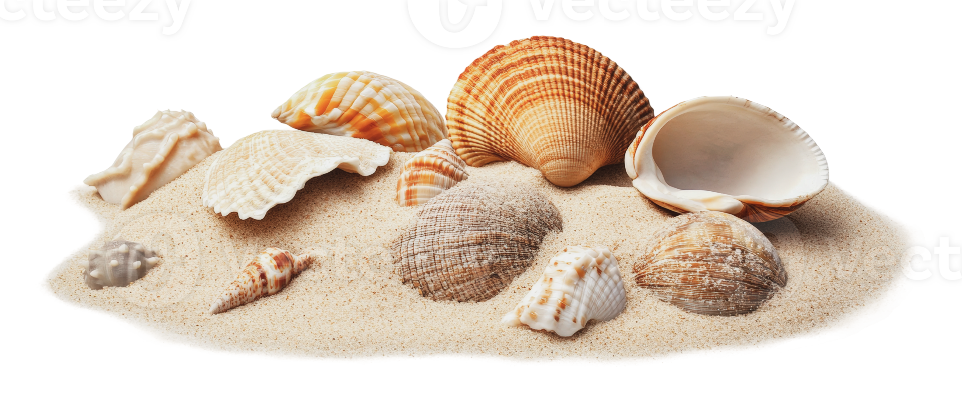 Beautiful collection of seashells on sandy beach png
