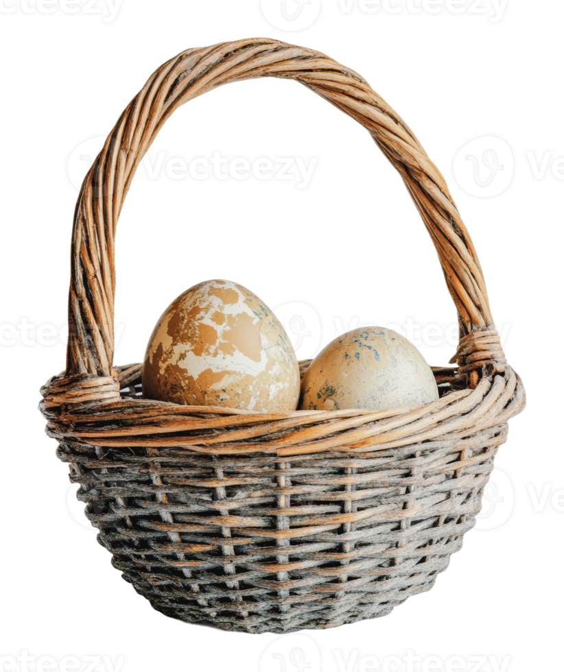 Decorative basket with unique speckled eggs png