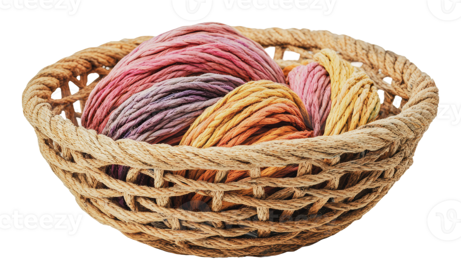 Colorful yarn balls in a woven basket display png