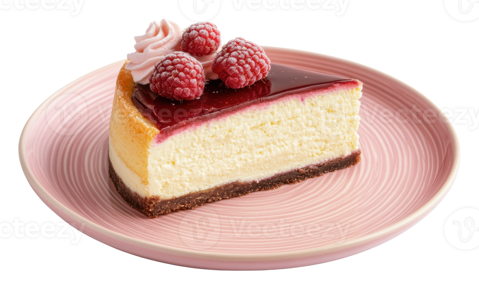 Cheesecake slice with raspberry topping on plate png