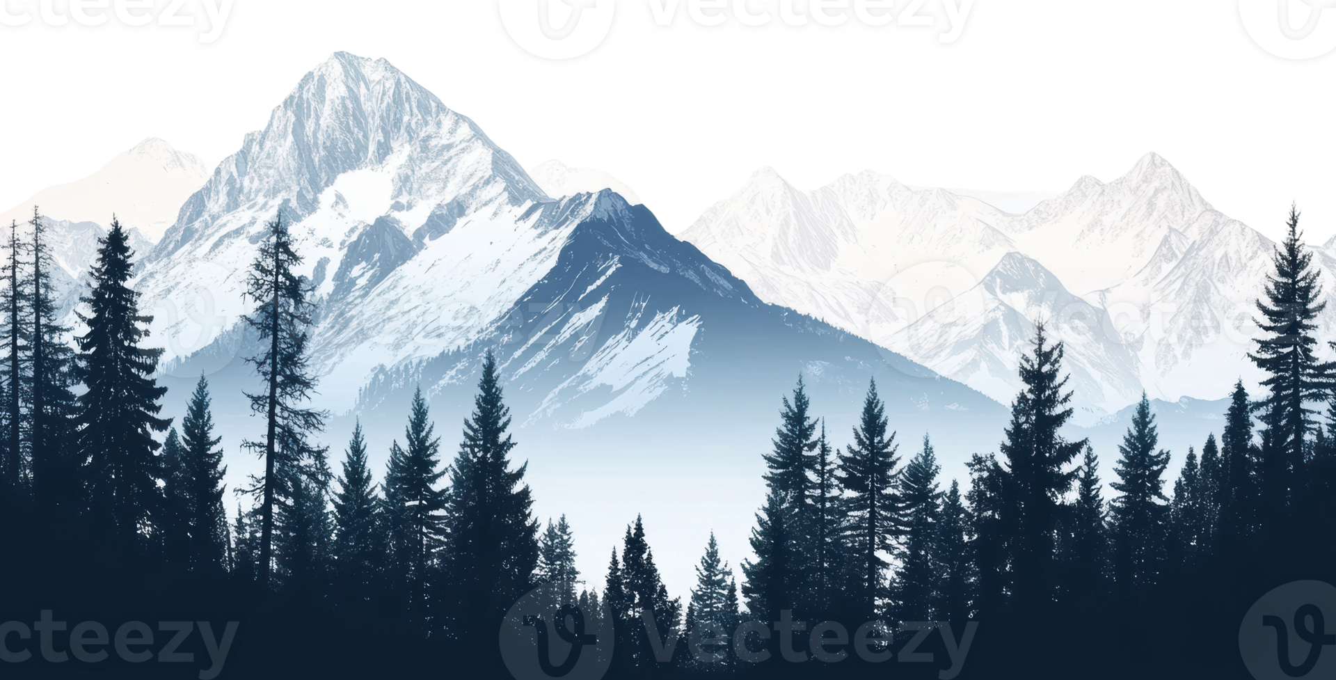 Snowy peaks ringed by tall evergreens png