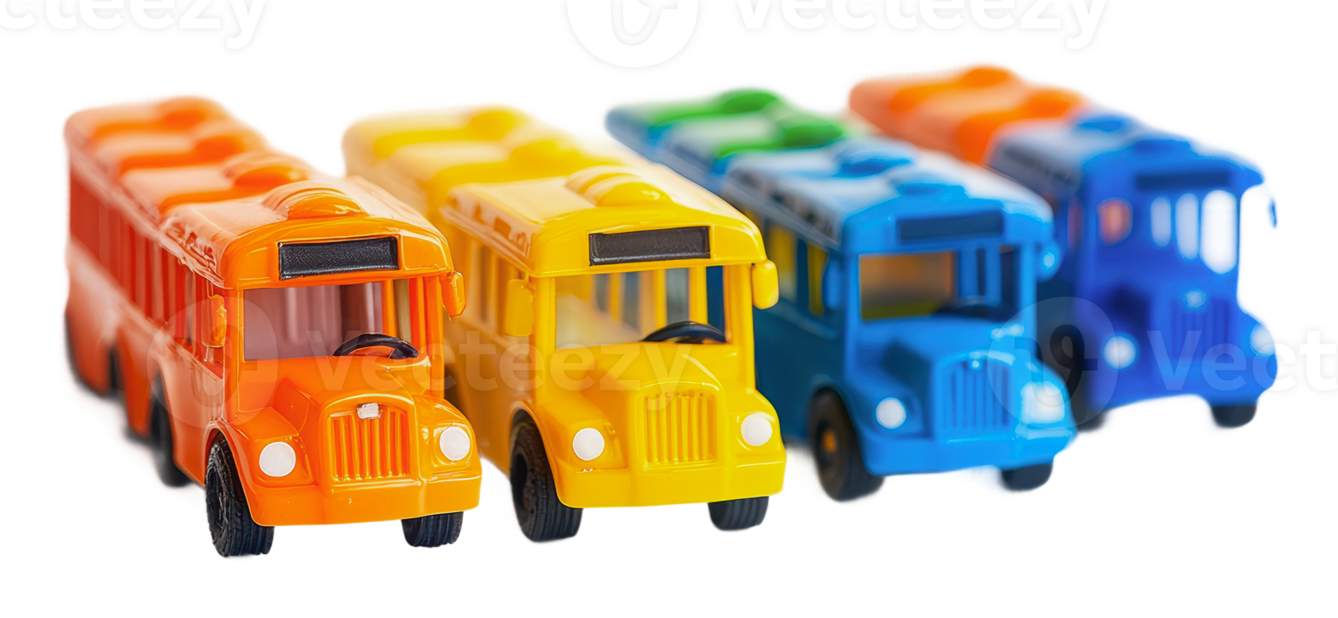 Colorful toy buses arranged in a playful layout png