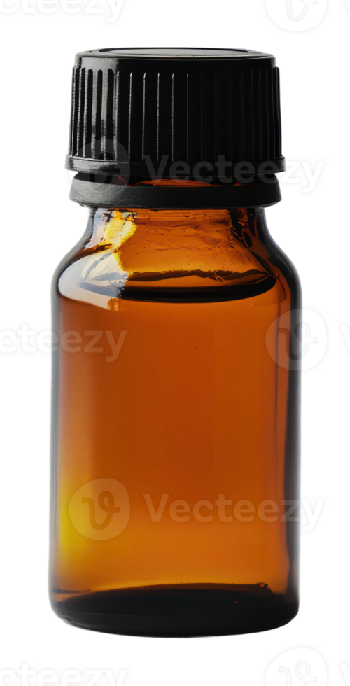 Brown glass bottle containing liquid essential oil png