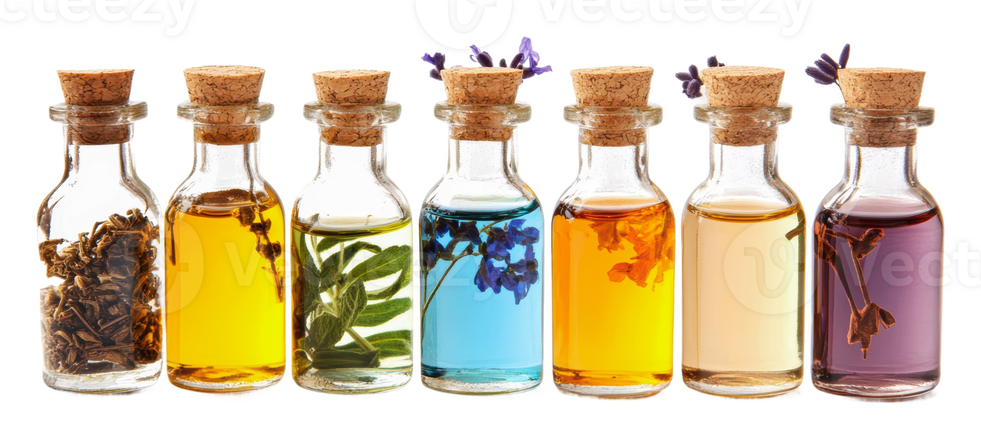 Vibrant essential oils in glass bottles png
