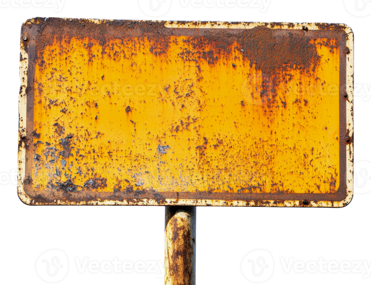 Weathered yellow sign on rusty pole in urban area png