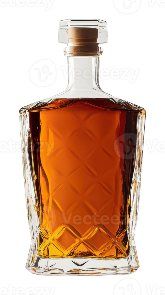 Elegant glass bottle of amber liquor on display png