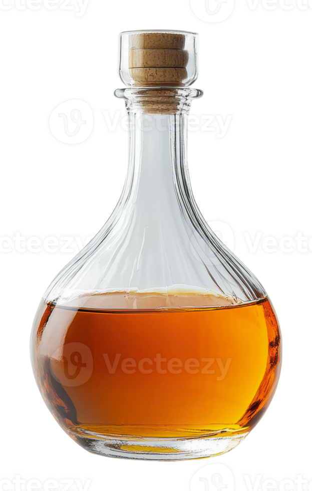 Elegant glass decanter filled with amber liquid png