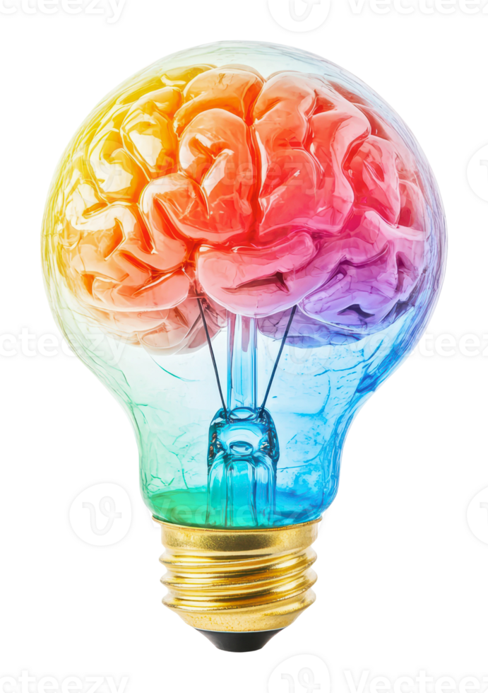 Bright bulb with colorful brain ideas png