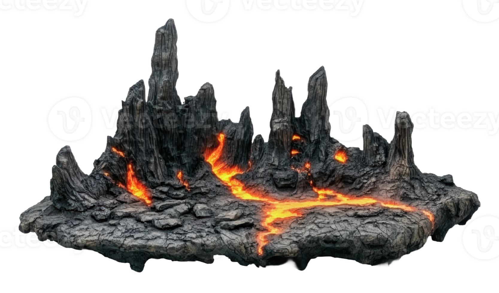 Rocky volcanic landscape with lava flow at night png