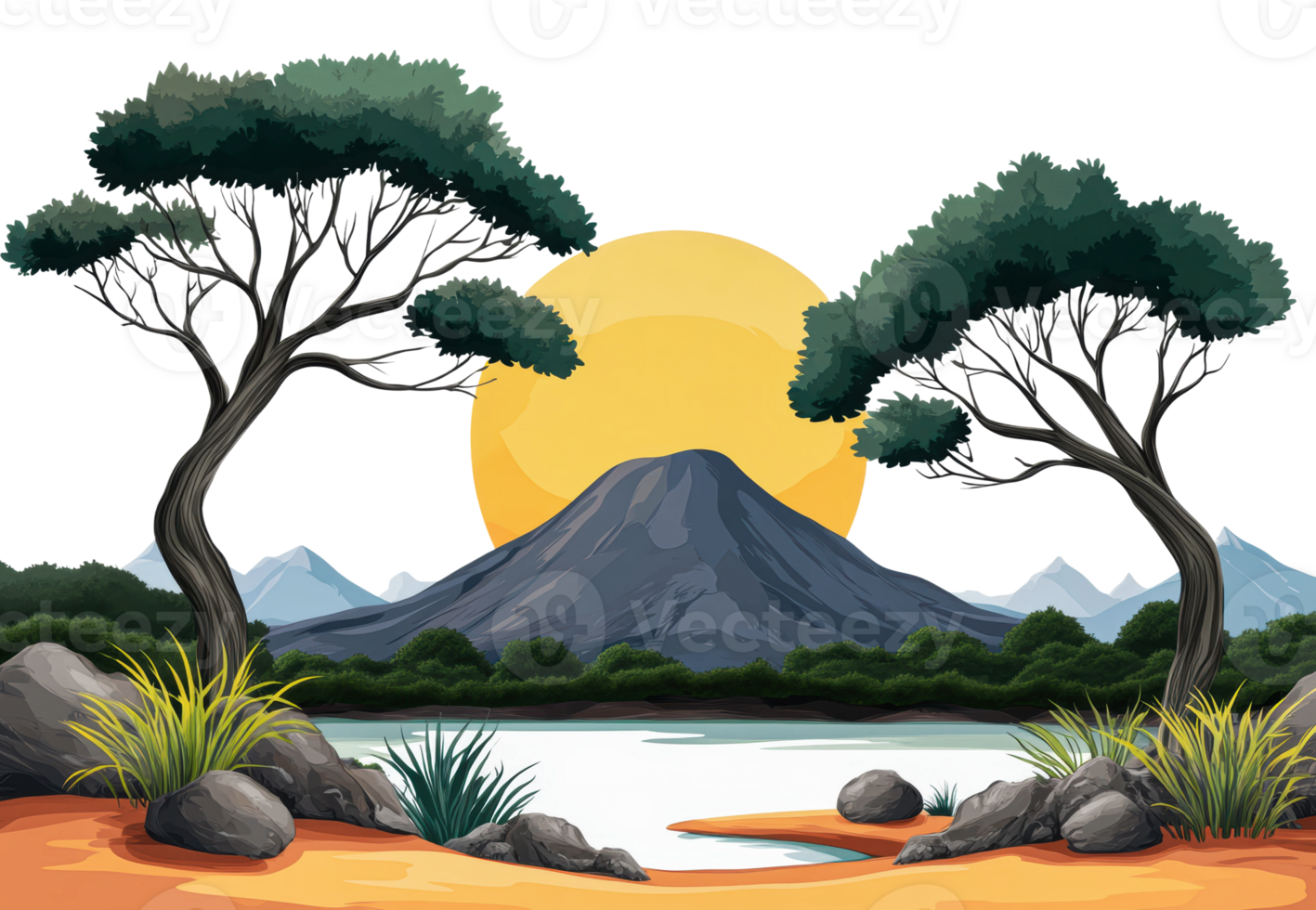 Scenic landscape with mountains and setting sun png