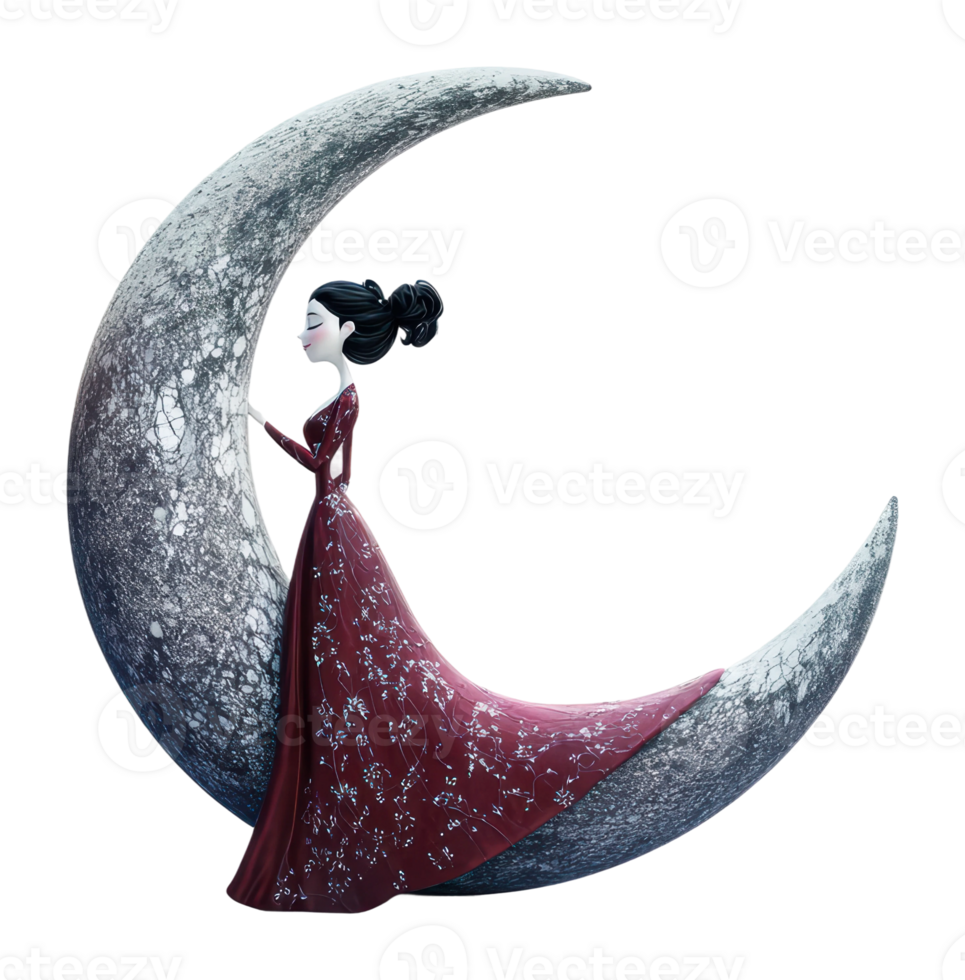 Elegant figure stands on crescent moon sculpture png