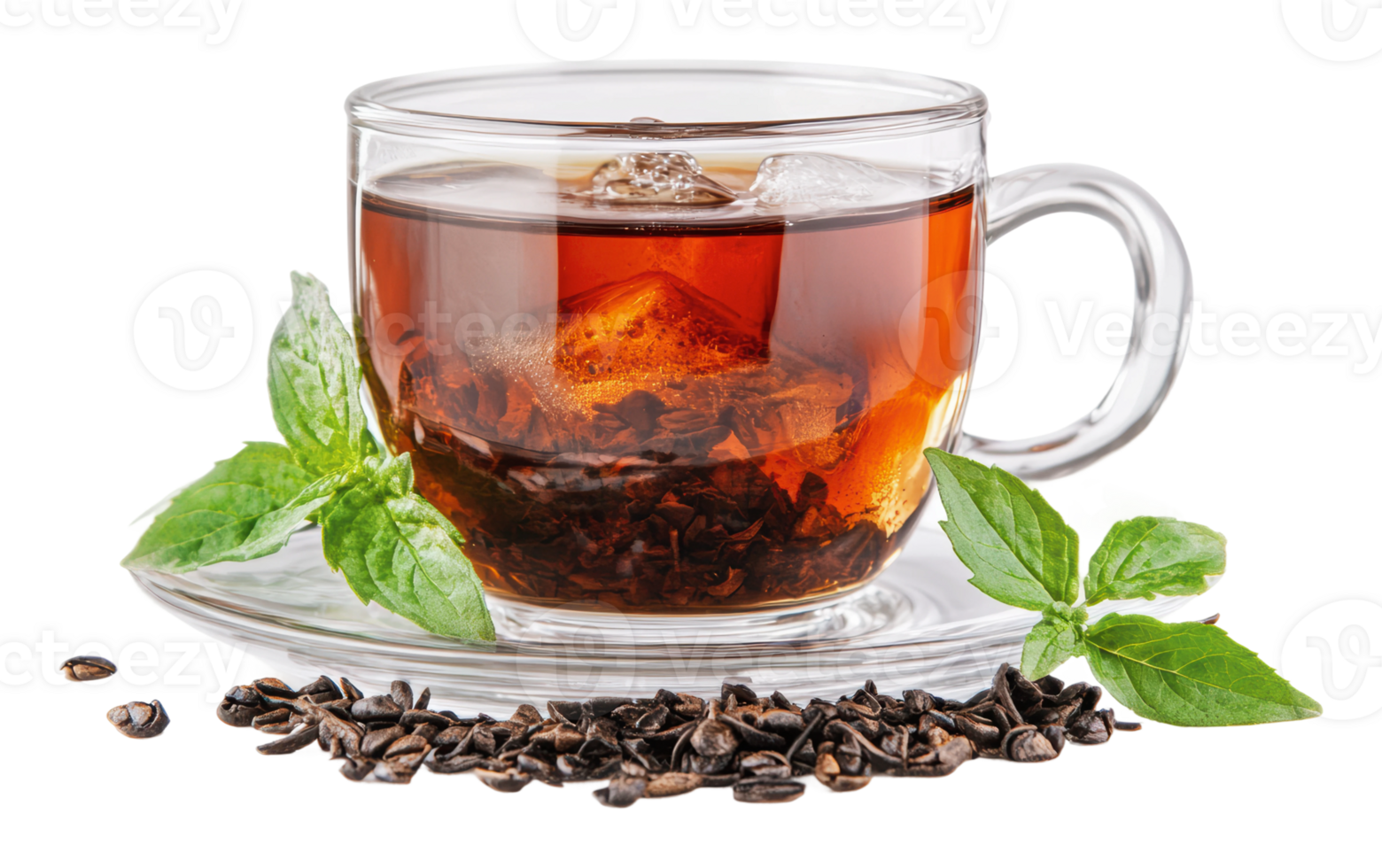 Refreshing drink with mint and seeds in glass cup png