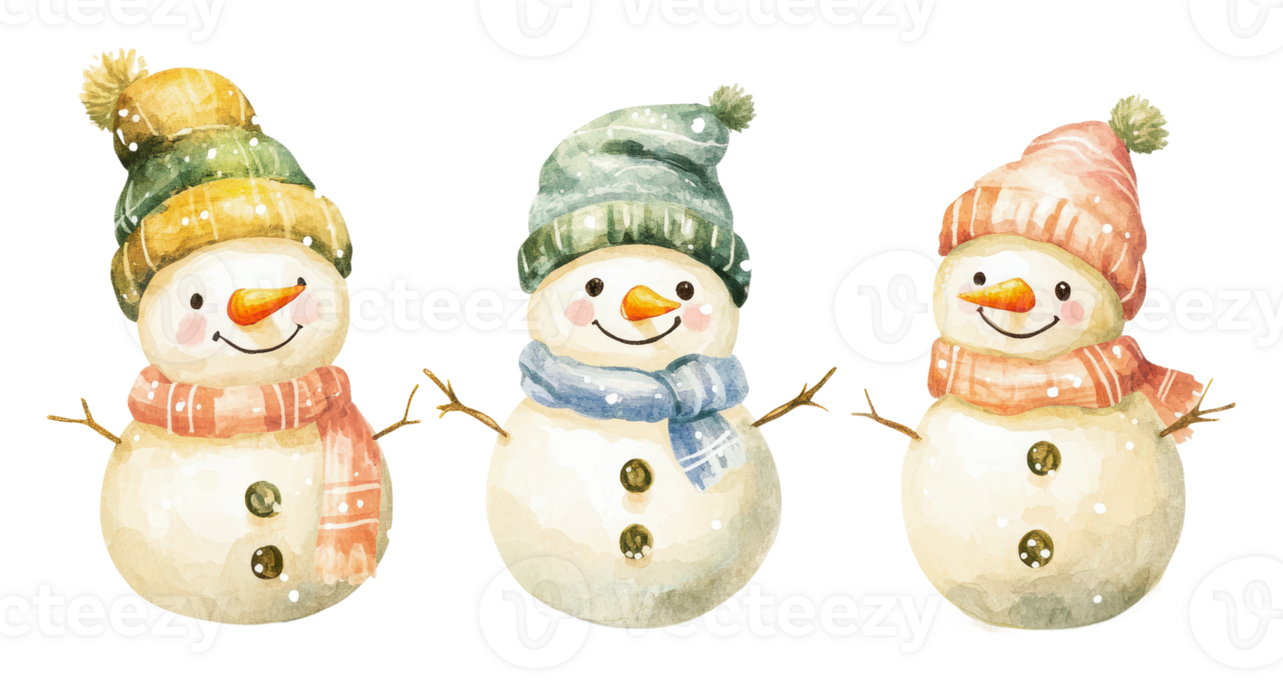 Snowmen in colorful hats and scarves during winter png