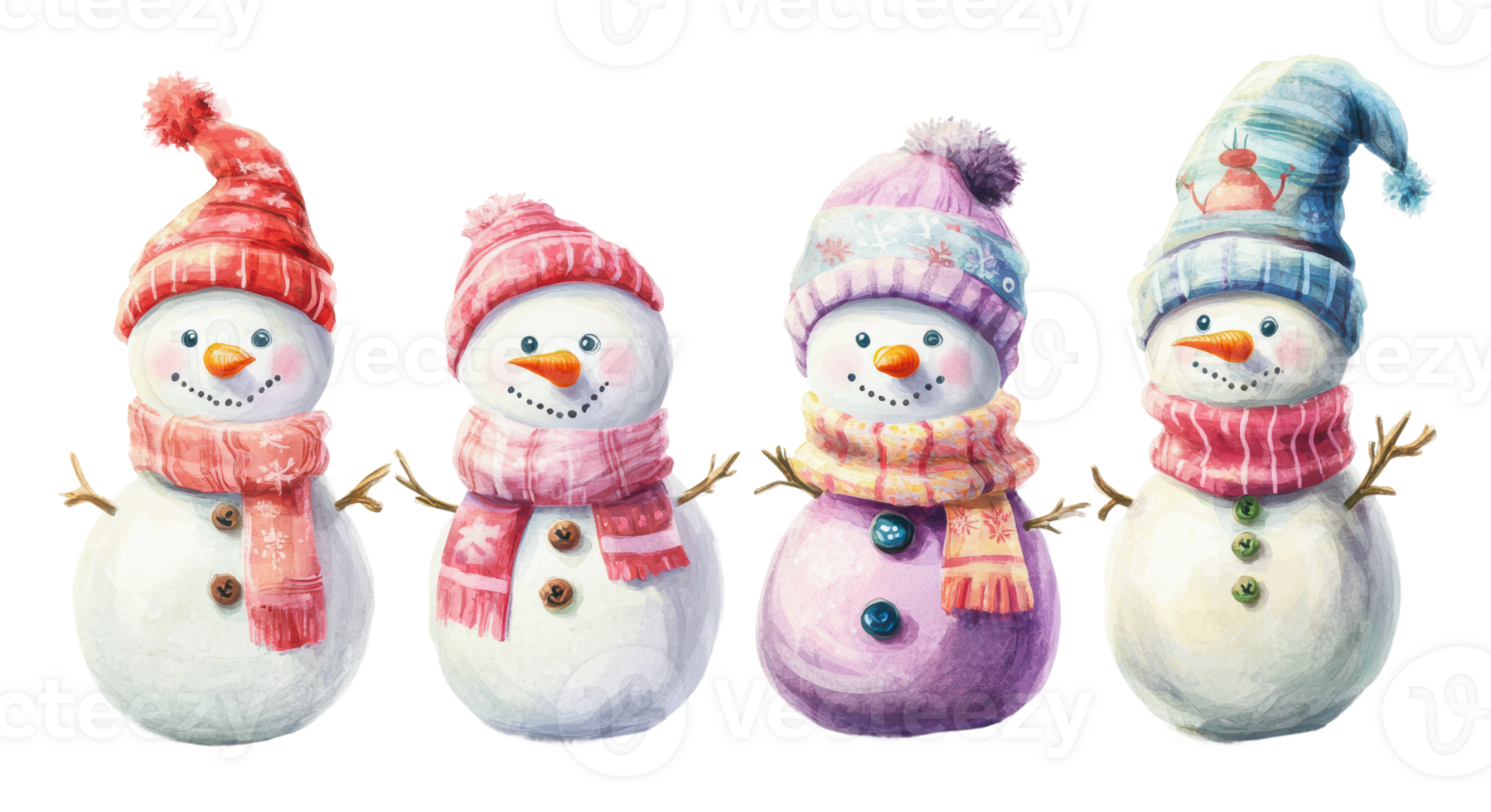 Cute snowmen in colorful hats and scarves png