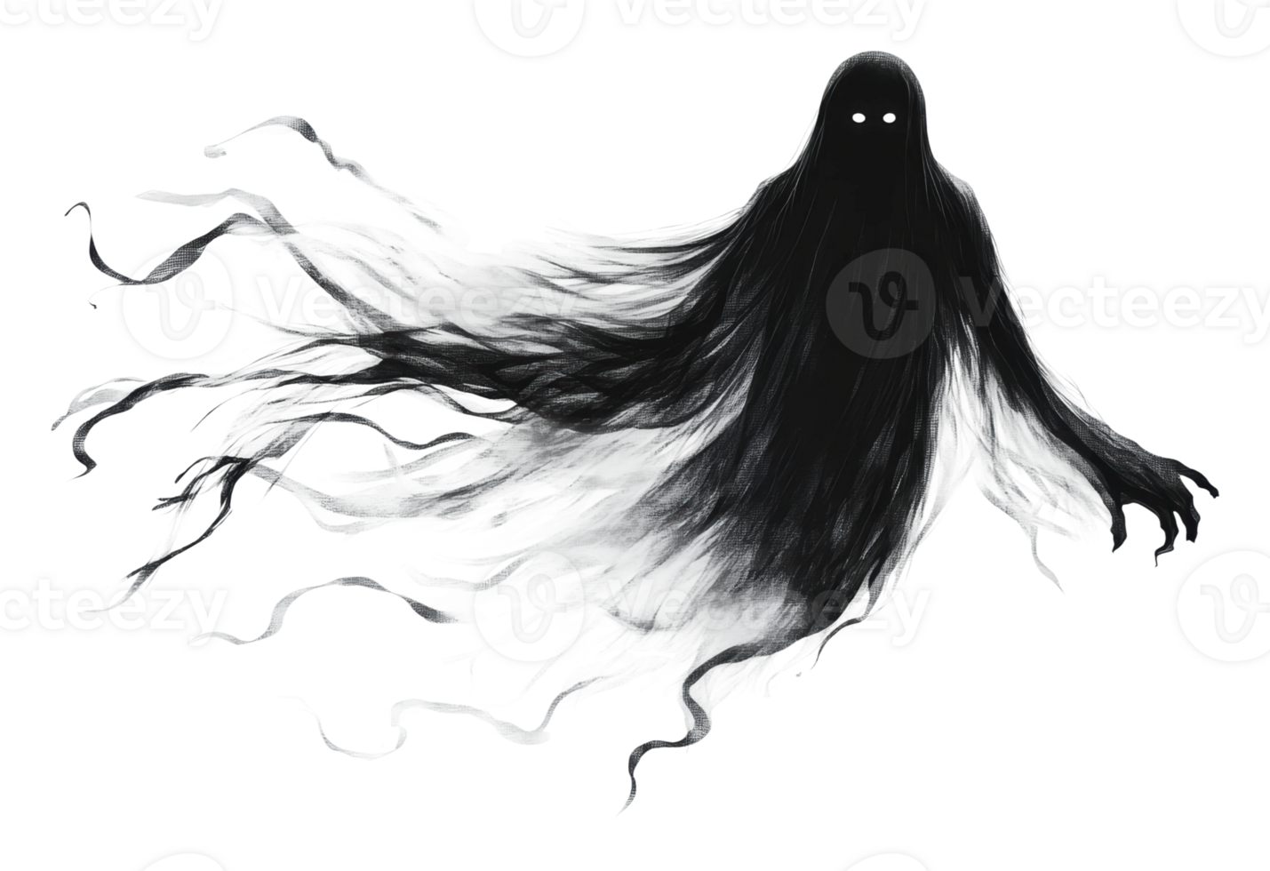 Mysterious ghost figure with glowing eyes in dark png