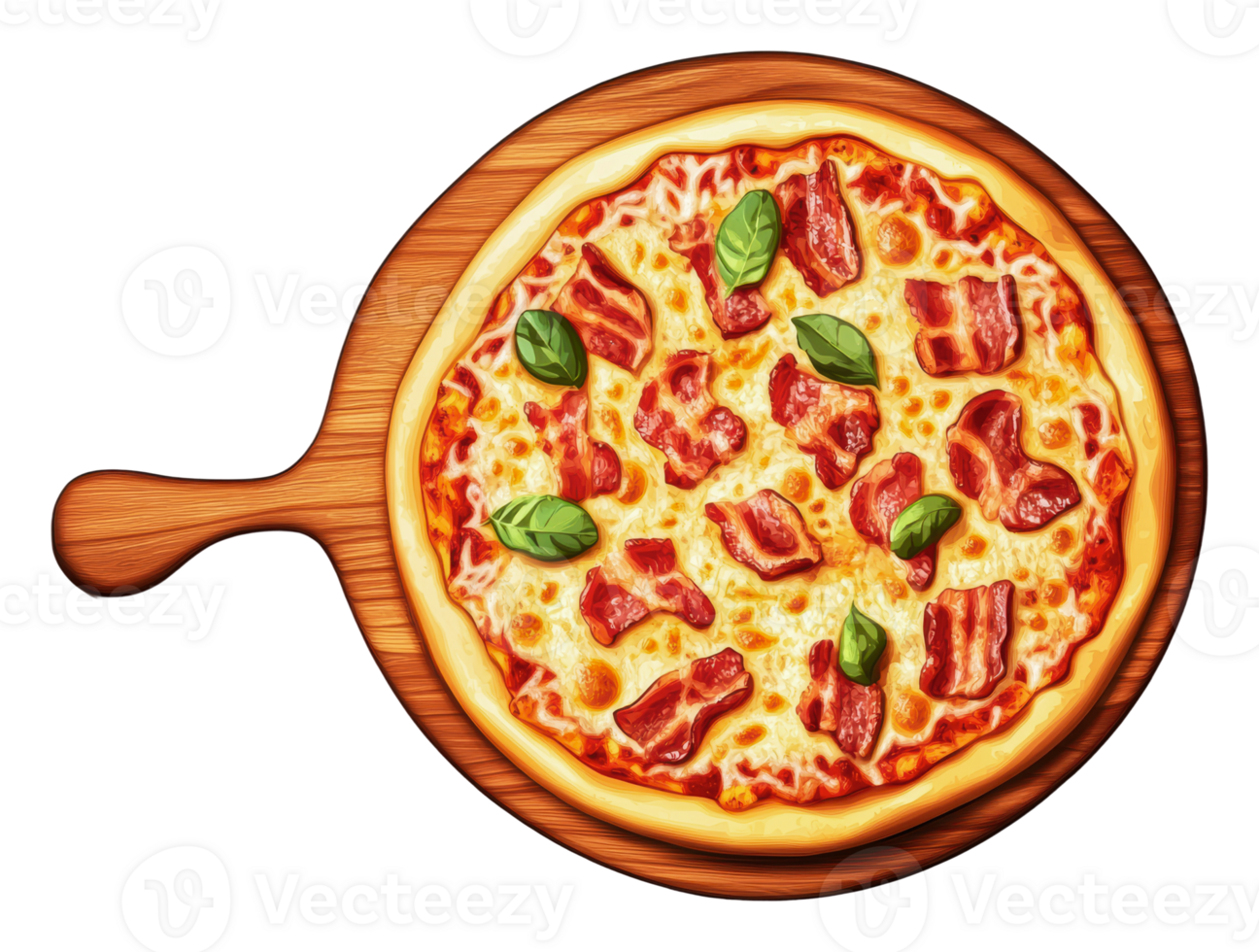 Delicious pizza topped with bacon and basil png