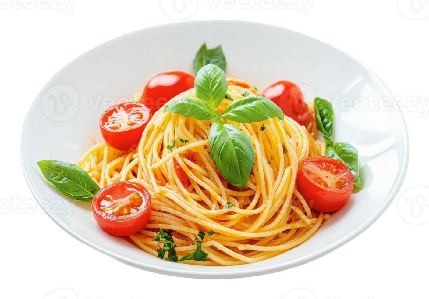 Delicious spaghetti with tomatoes and basil leaves png