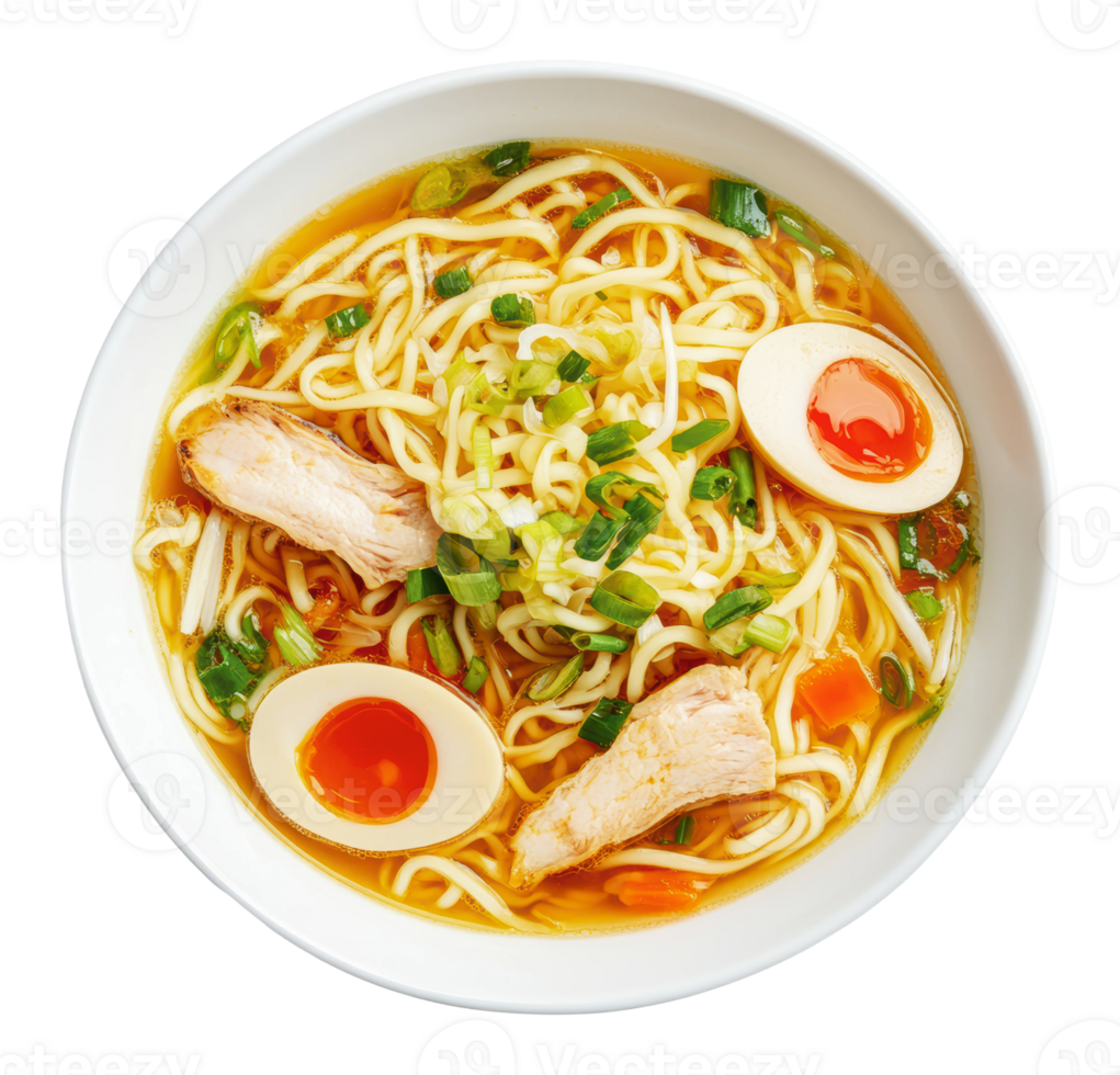 Delicious ramen bowl with toppings and broth png
