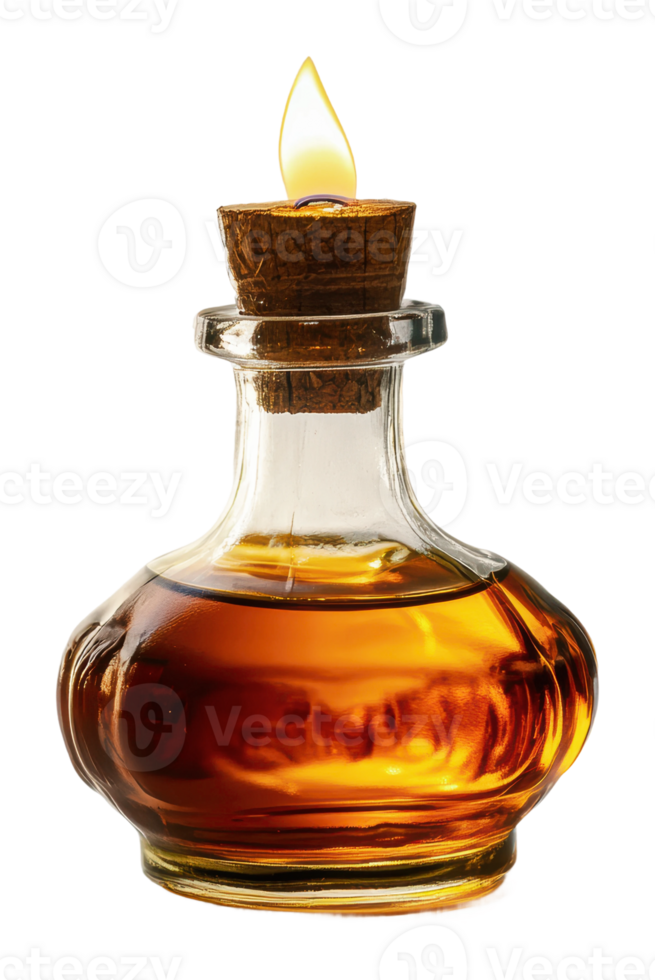 Unique oil lamp with cork stopper and flame png