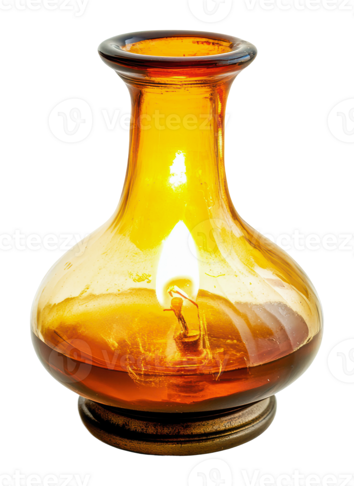 Vintage oil lamp emits warm glow in cozy setting png