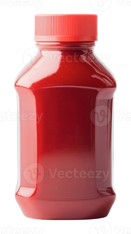 Bright red condiment in a plastic bottle container png