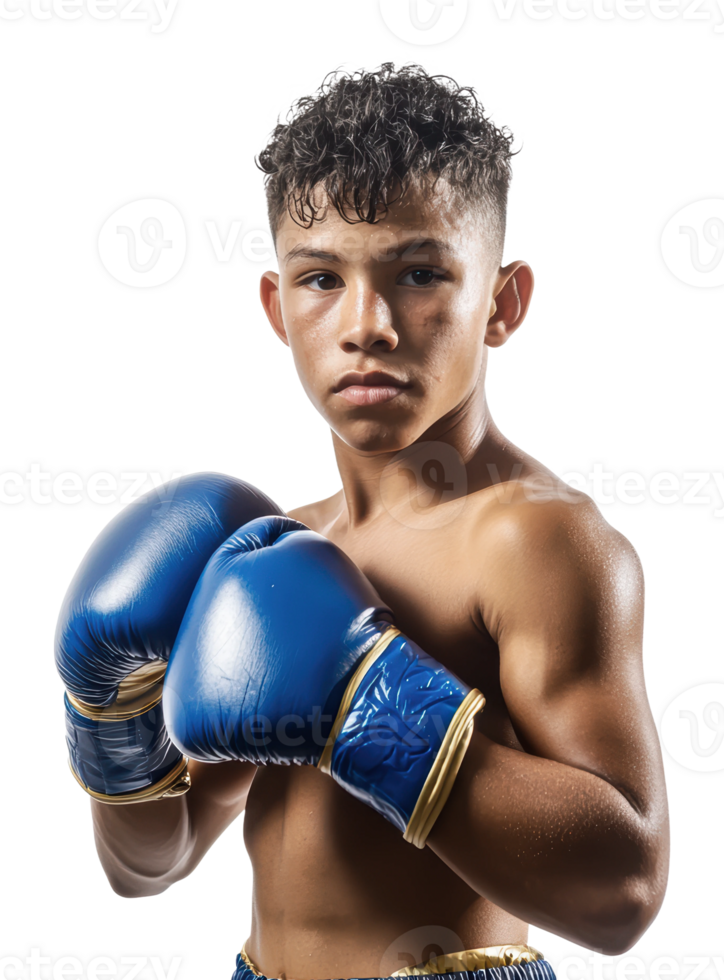 Young boxer practicing with blue gloves and focus png
