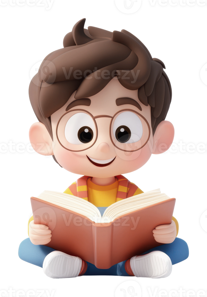Child reading a book with joy and curiosity png