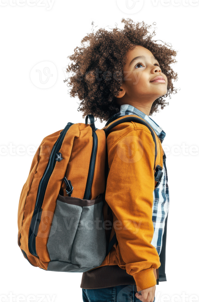 Child with backpack gazing up in light png