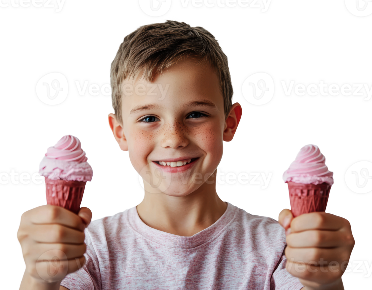 Happy boy with two pink ice cream cones png