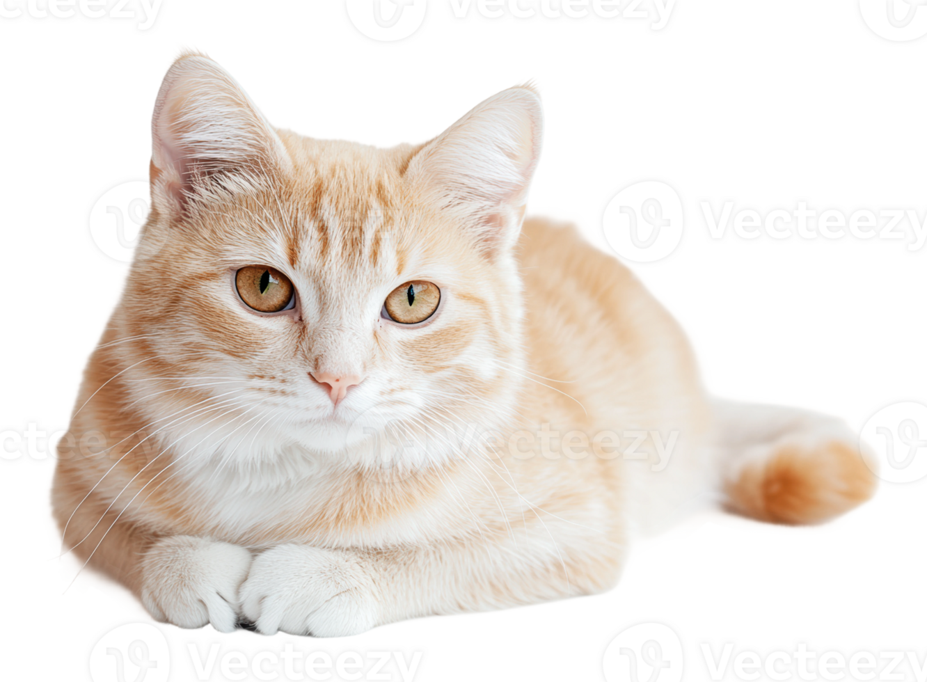 Orange tabby cat lounging indoors with curiosity png