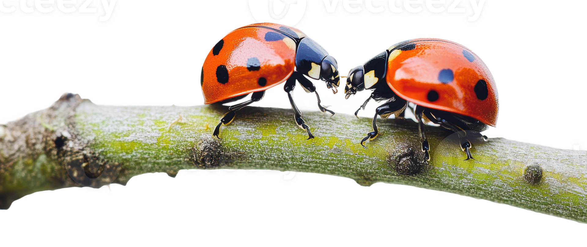 Ladybugs interacting on a green twig in nature png
