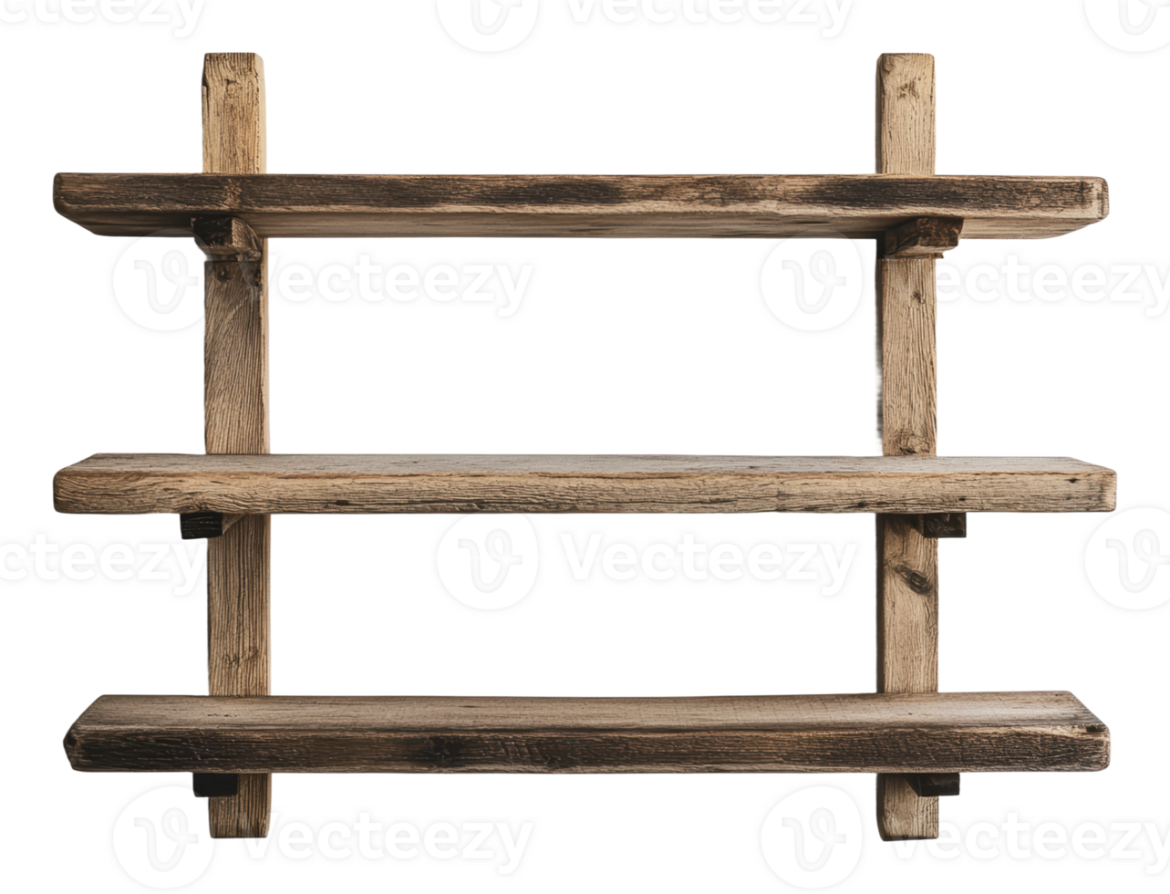 Three-tier rustic wooden wall shelf png