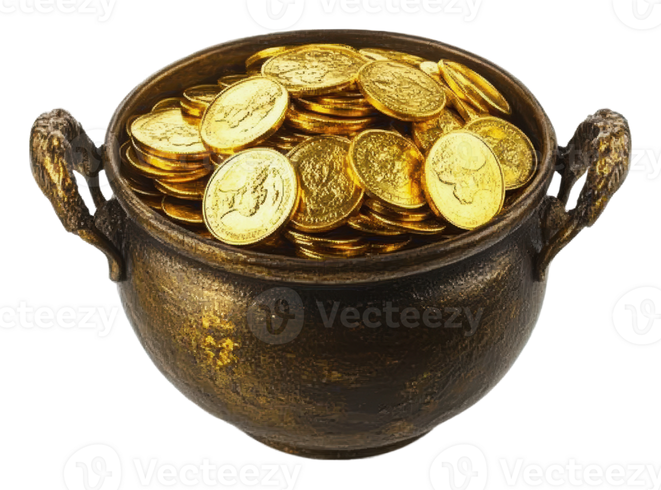 Pot filled with golden coins sits on a surface png