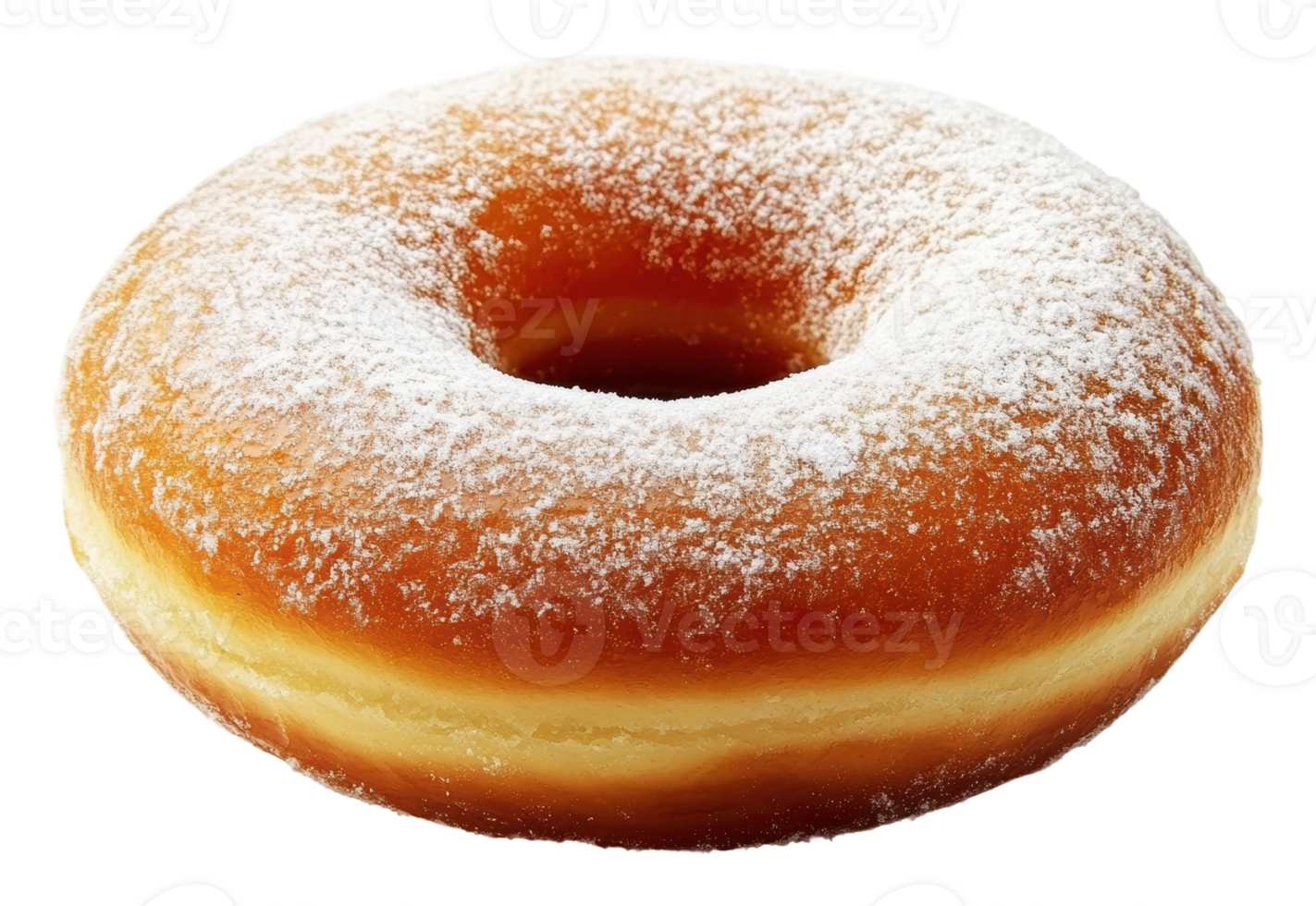 Freshly baked donut with powdered sugar on top png