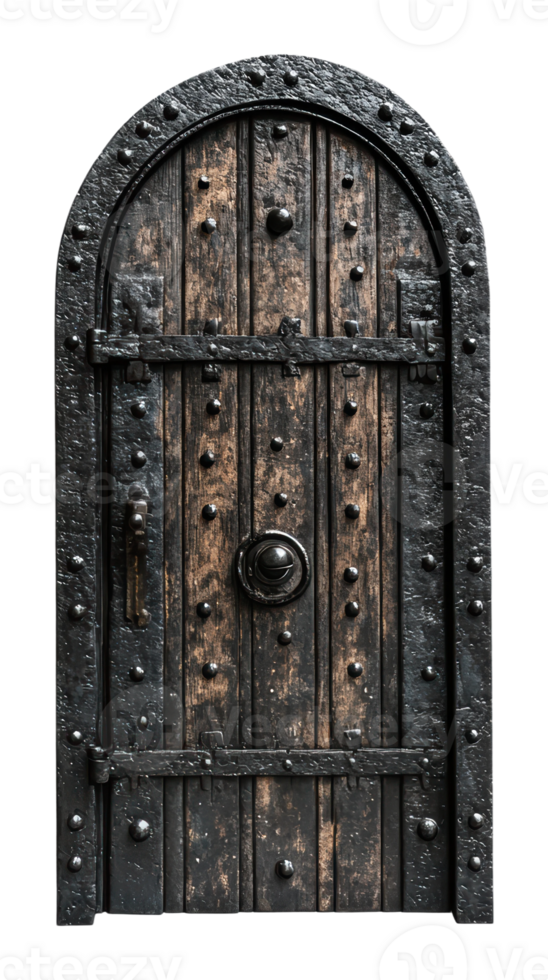 Rustic wooden door with metal accents and rivets png