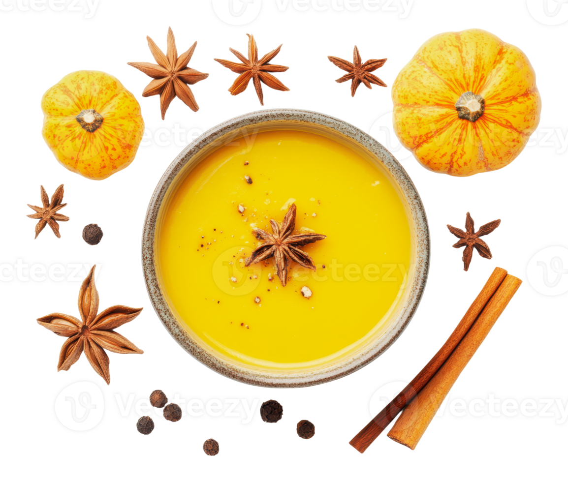 Delicious pumpkin soup with spices and herbs png