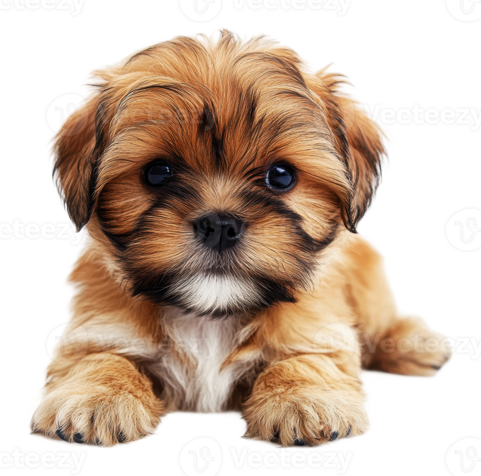 Playful puppy lying on a clean white surface png