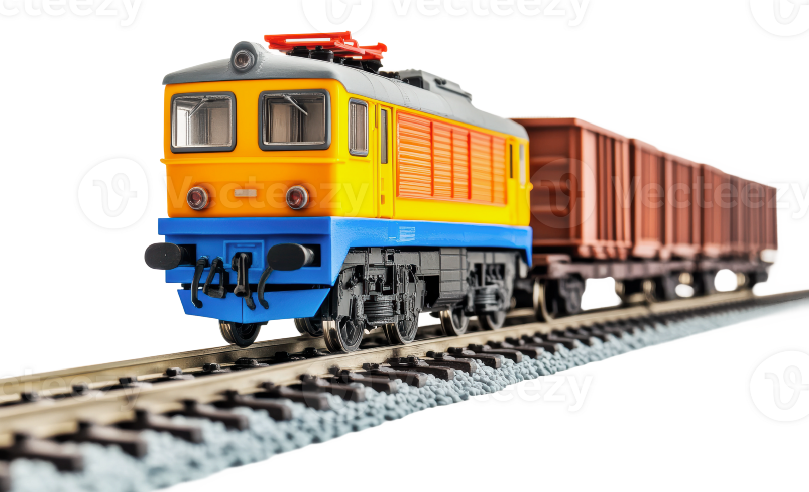 Colorful model train on tracks with freight cars png