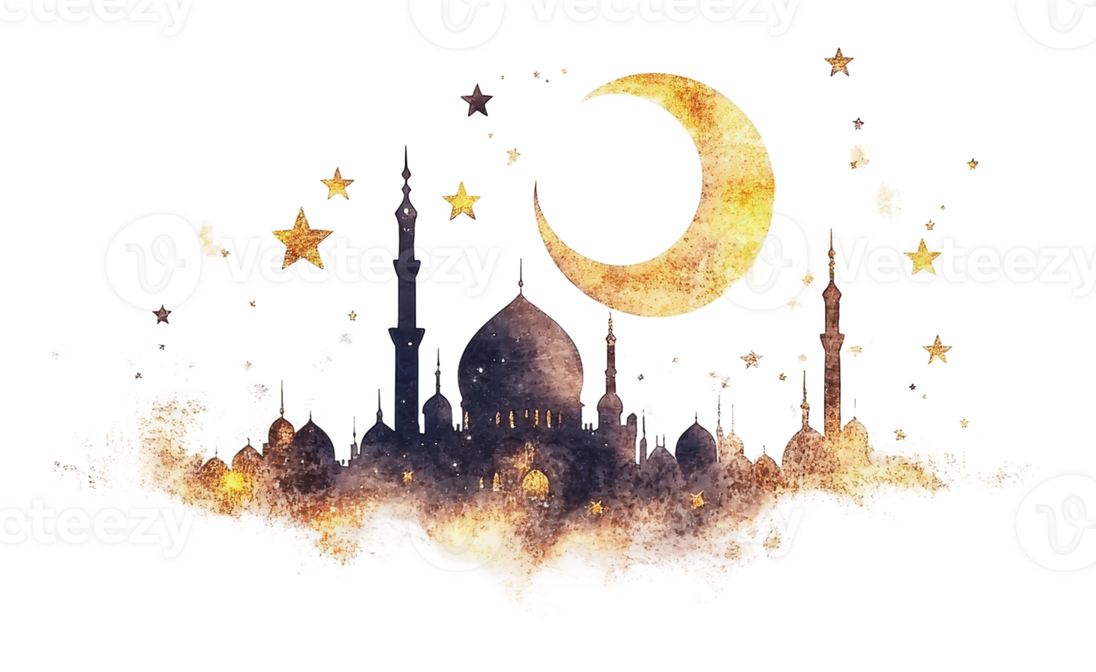 Night mosque silhouette with moon and stars png
