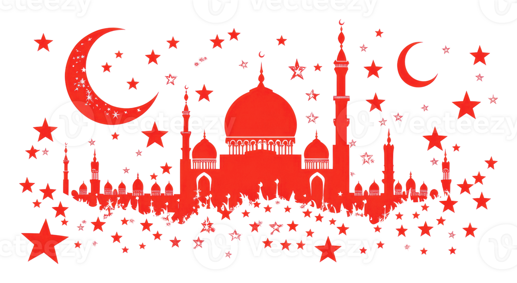 Mosque silhouette with stars and crescent moons png
