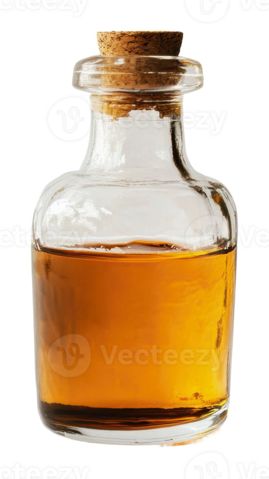 Small glass bottle filled with amber liquid png