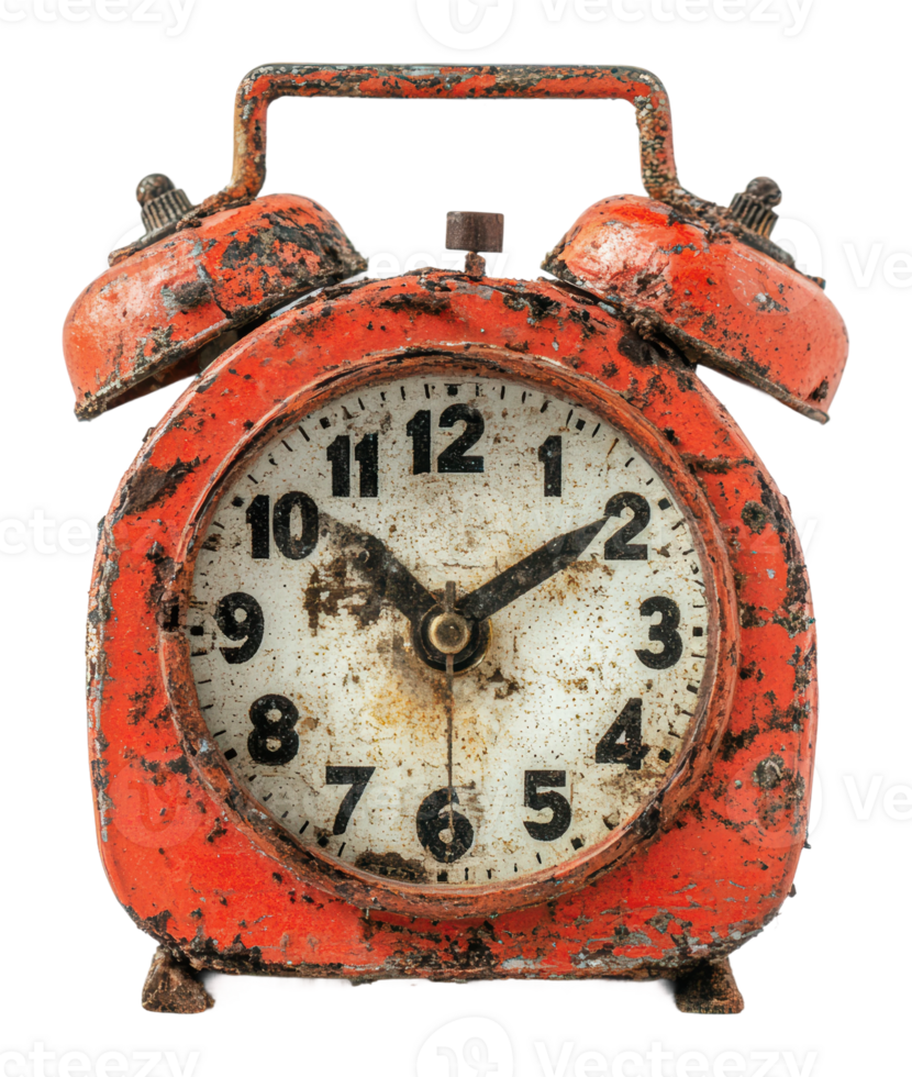 Vintage rusty alarm clock on a white background png