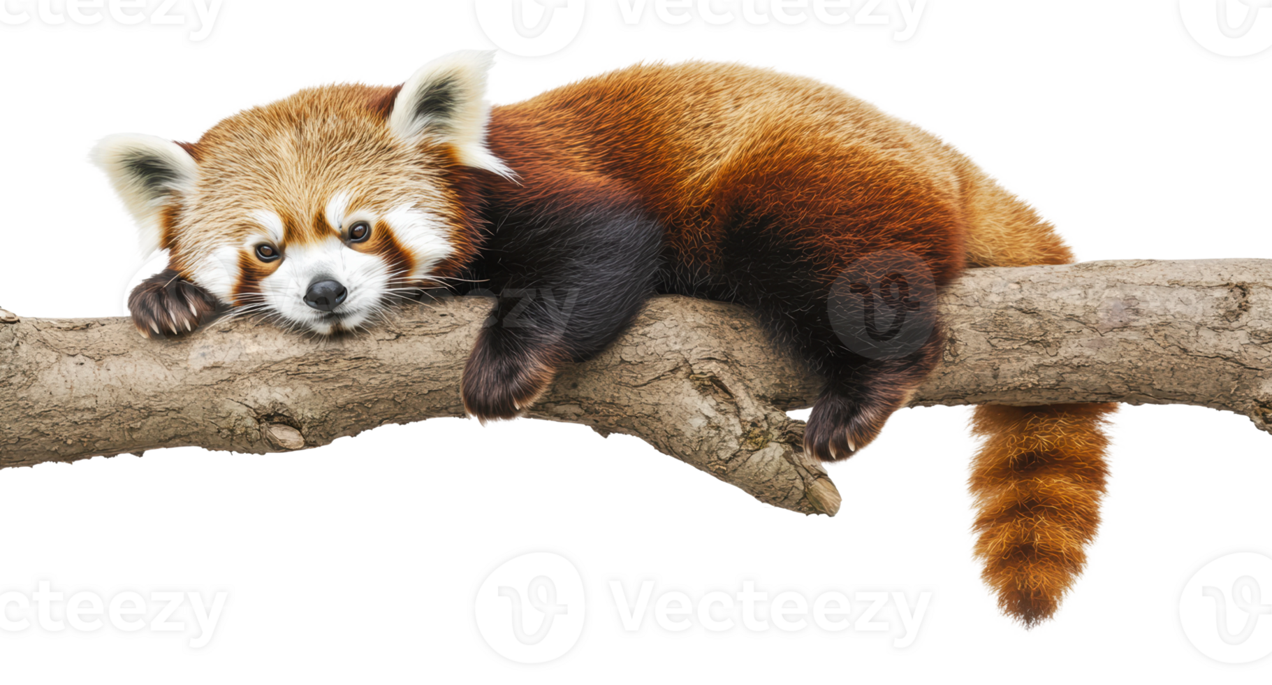 Red panda resting on a tree branch in daylight png