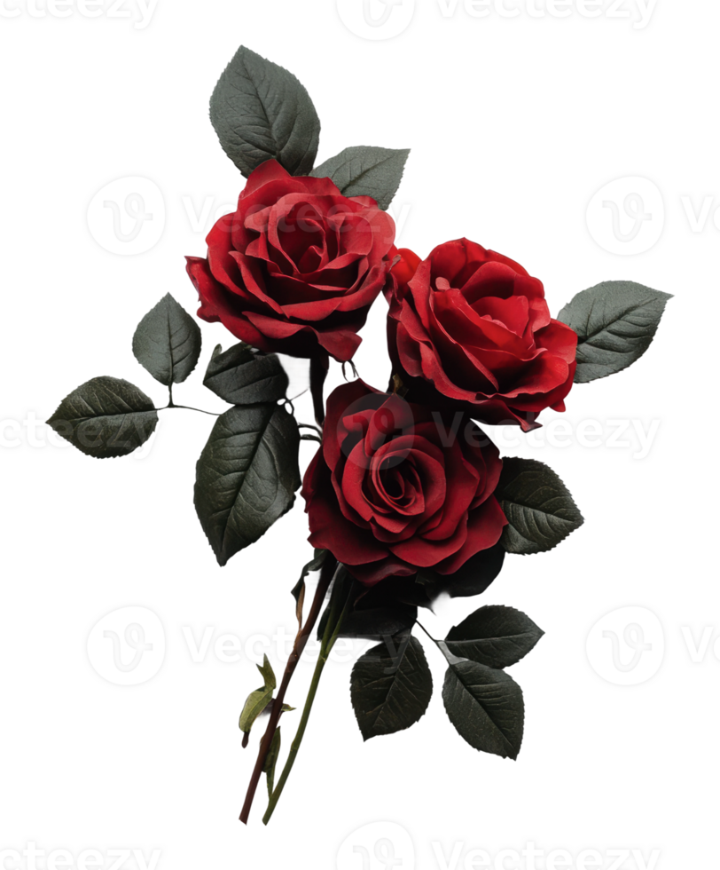 Beautiful red roses with green leaves in a bouquet png