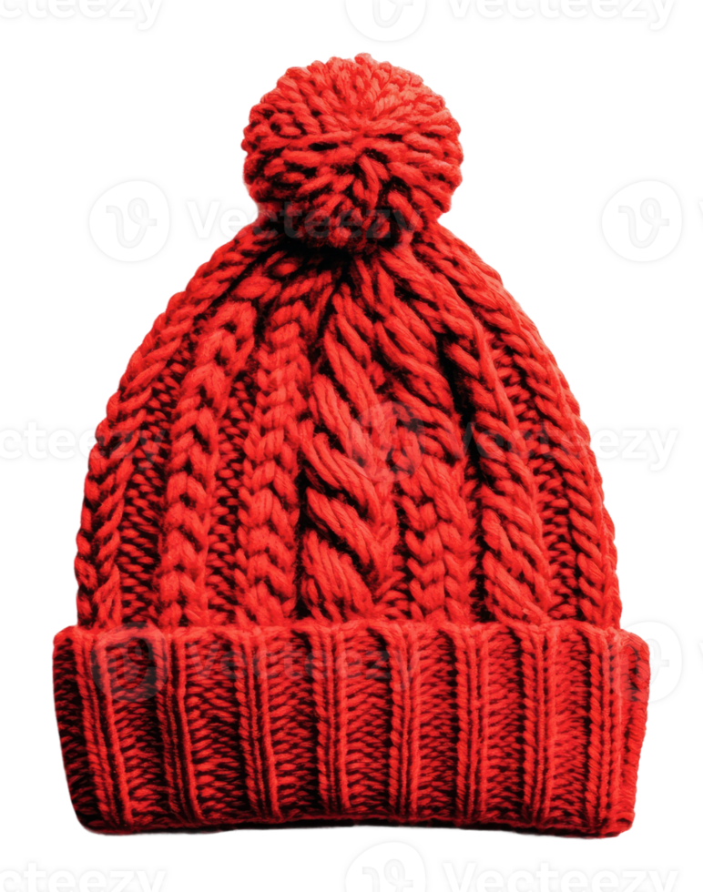 Cozy red knitted beanie with a pom pom on top png