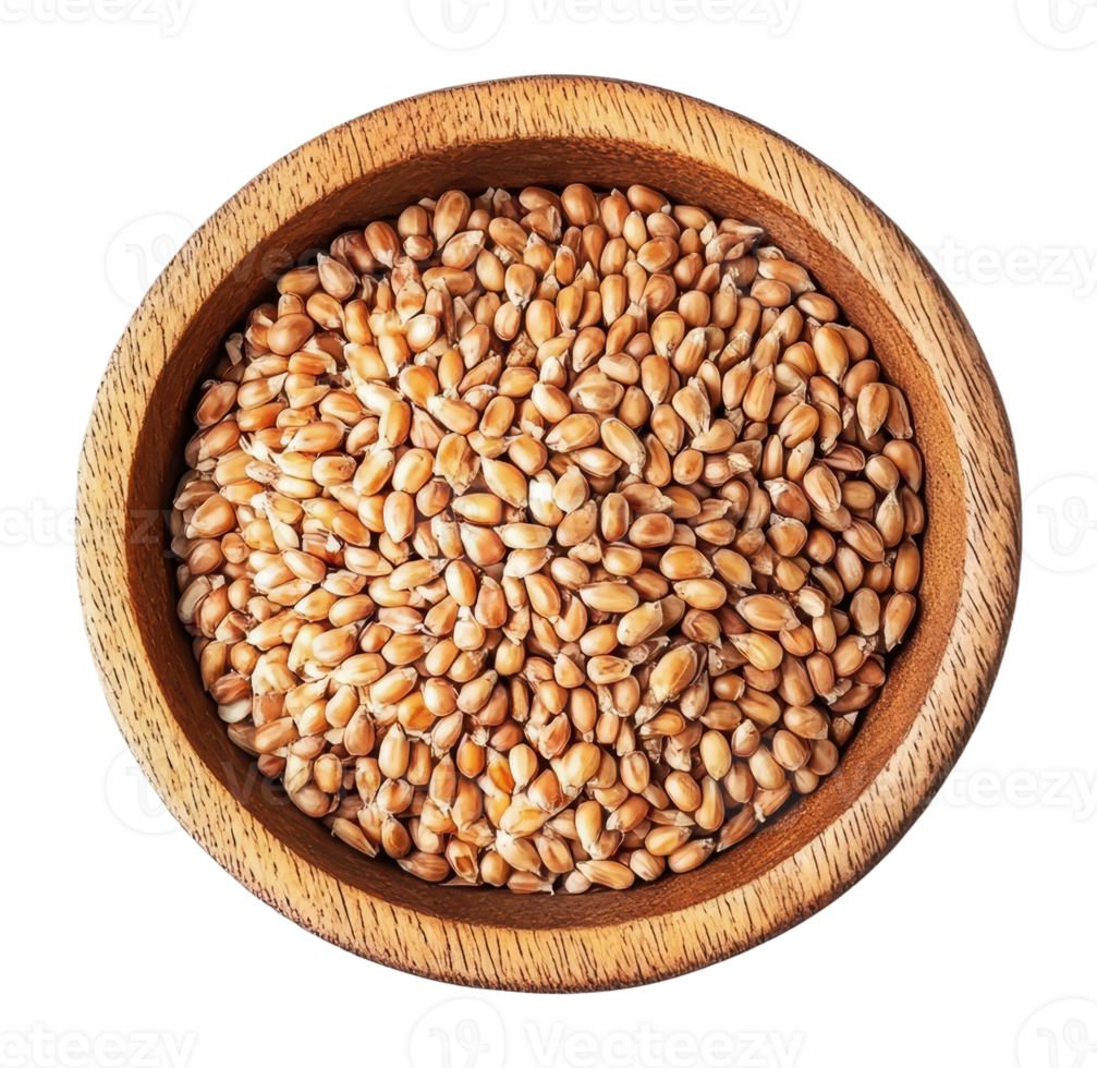 Wheat grains in a wooden bowl on a white surface png
